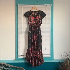 Long black floral button-down sundress.